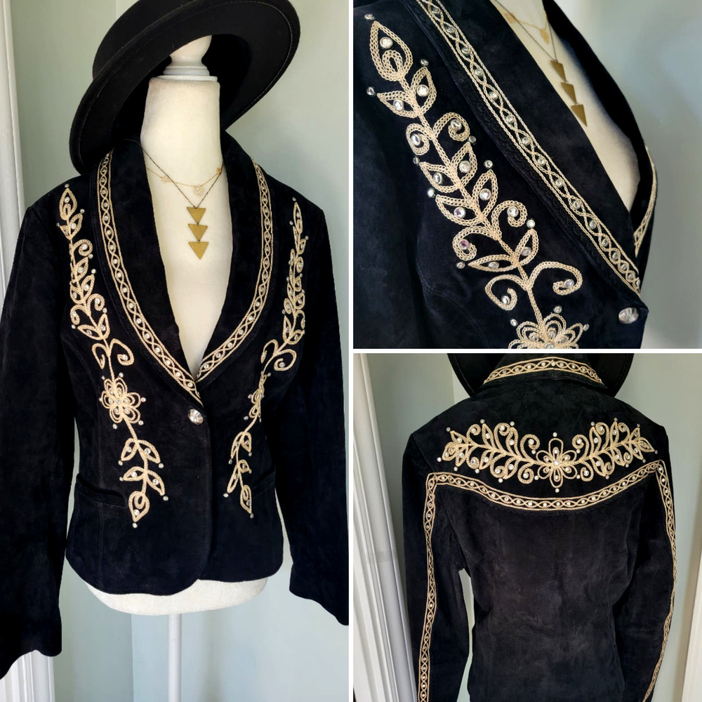 New Women’s Cripple Creek Black Leather Jacket Blazer Beading jewels Size M